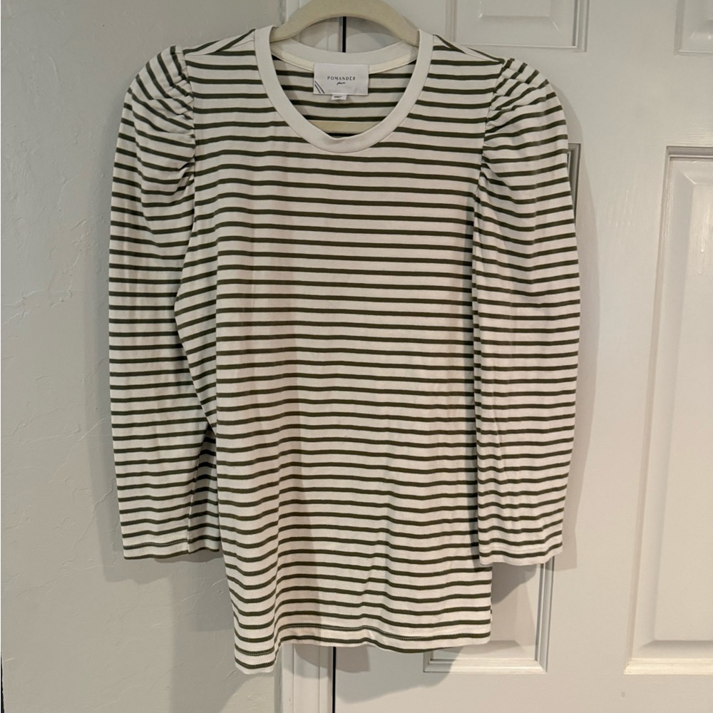 Pomander Place olive green striped Puff-Sleeve Top